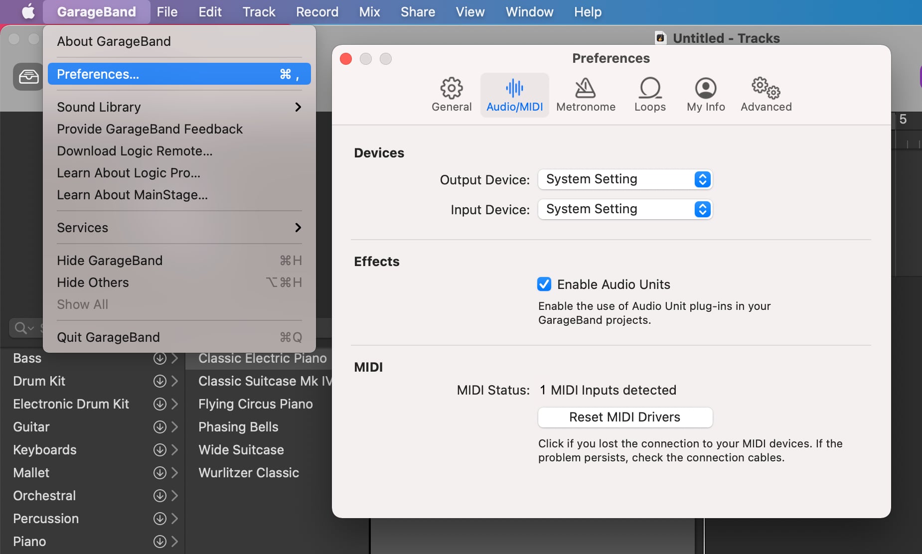 Selecting the MIDI I/O setting