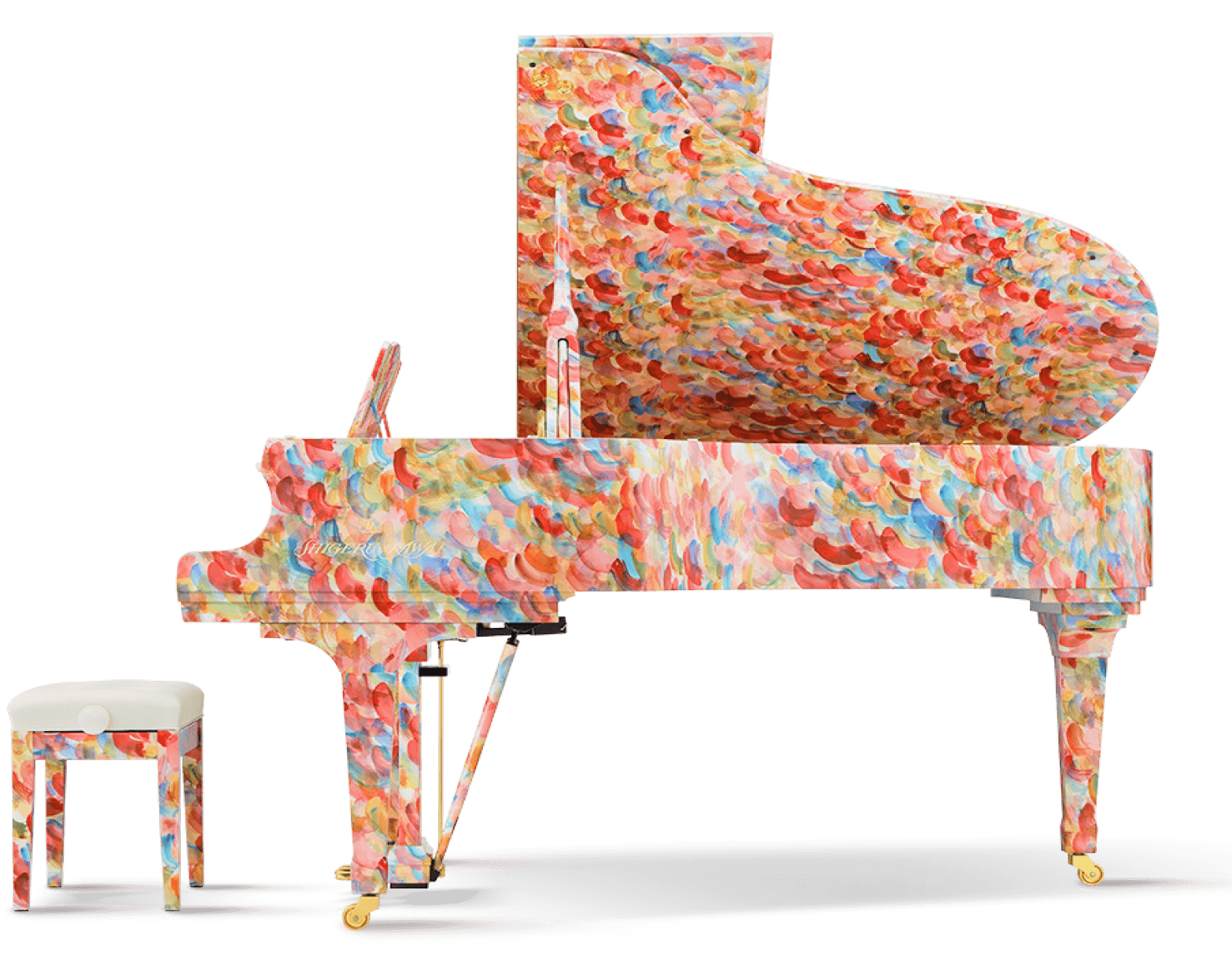 Side view of the art-painted grand piano and bench