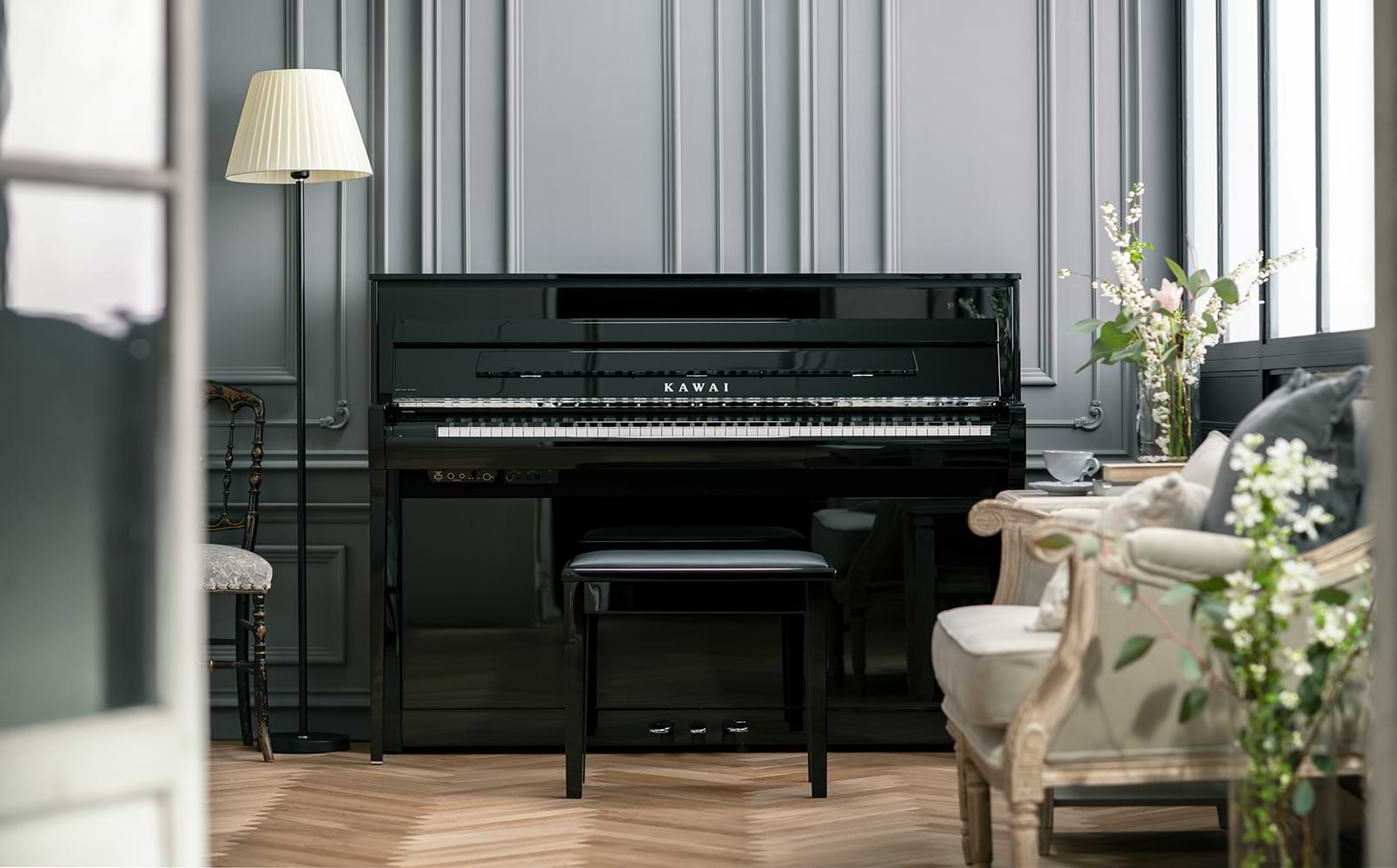 The elegant upright piano cabinet design of the Novus NV6